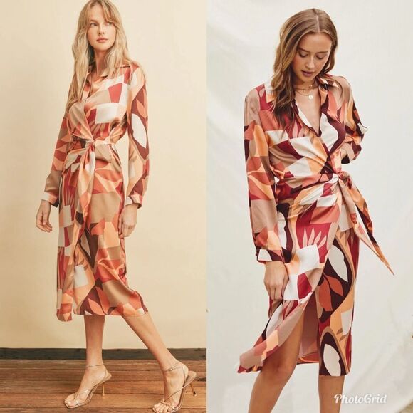 Revolve Anthropologie Dress Forum Satin Geometric Print Wrap Dress - Picture 1 of 7